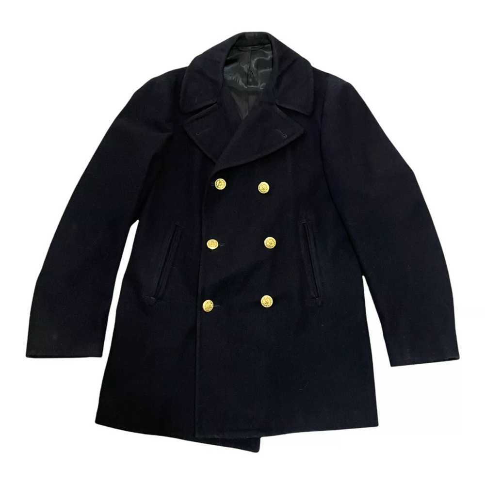 US Navy Peacoat Jacket Men's SZ 38T Bridge Coat Black Wool Gold Buttons